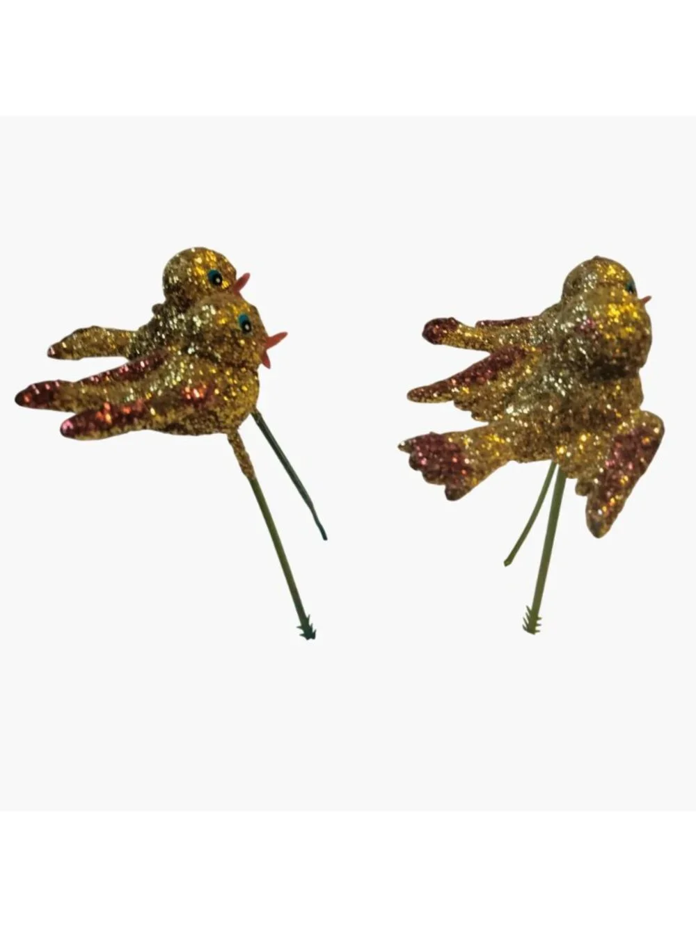 Glitter Gold Bird Ornament Green Wire Stem Decoration Crafting Lot 4